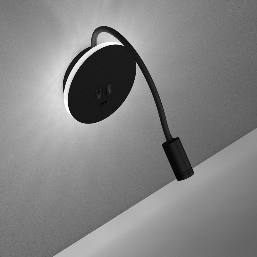 Aplique flexible LED BASE 1xLED/8W+1xLED/2W/230V negro/plata