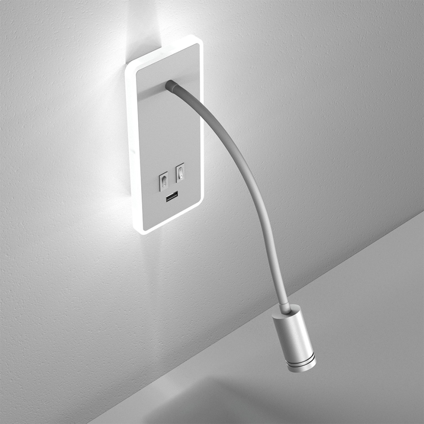Aplique flexible LED con USB BASE 1xLED/8W+1xLED/2W/230V blanco