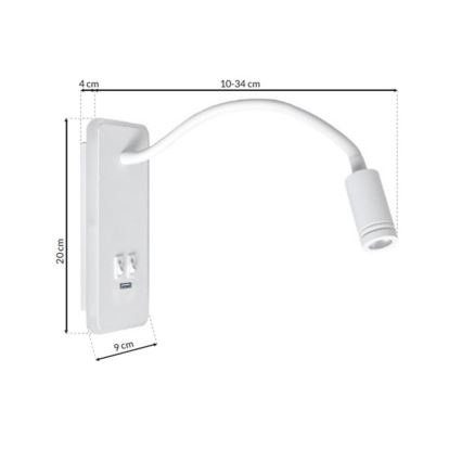 Aplique flexible LED con USB BASE 1xLED/8W+1xLED/2W/230V blanco