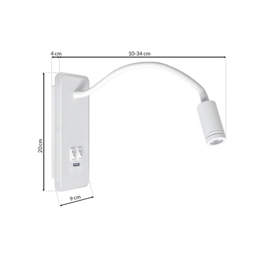 Aplique flexible LED con USB BASE 1xLED/8W+1xLED/2W/230V blanco