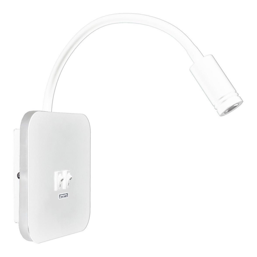 Aplique flexible LED con USB BASE 1xLED/8W + 1xLED/2W/230V blanco