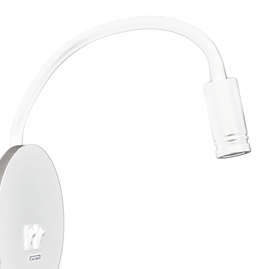 Aplique flexible LED con USB BASE 1xLED/8W+1xLED/2W/230V blanco/plateado