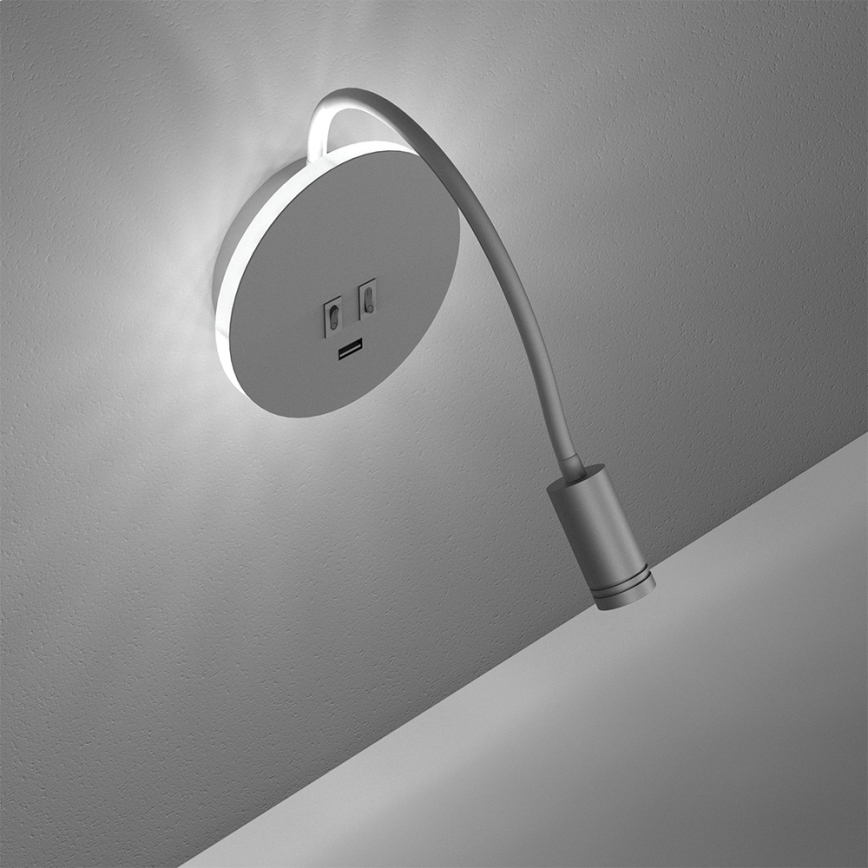 Aplique flexible LED con USB BASE 1xLED/8W+1xLED/2W/230V blanco/plateado