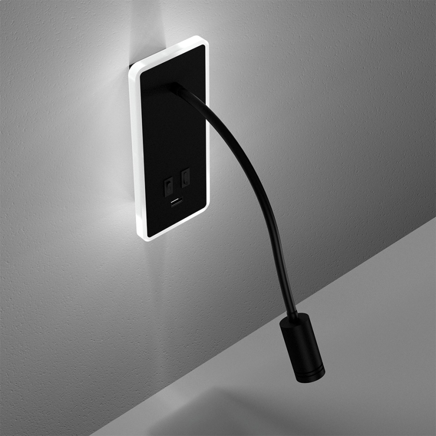Aplique flexible LED con USB BASE 1xLED/8W+1xLED/2W/230V negro