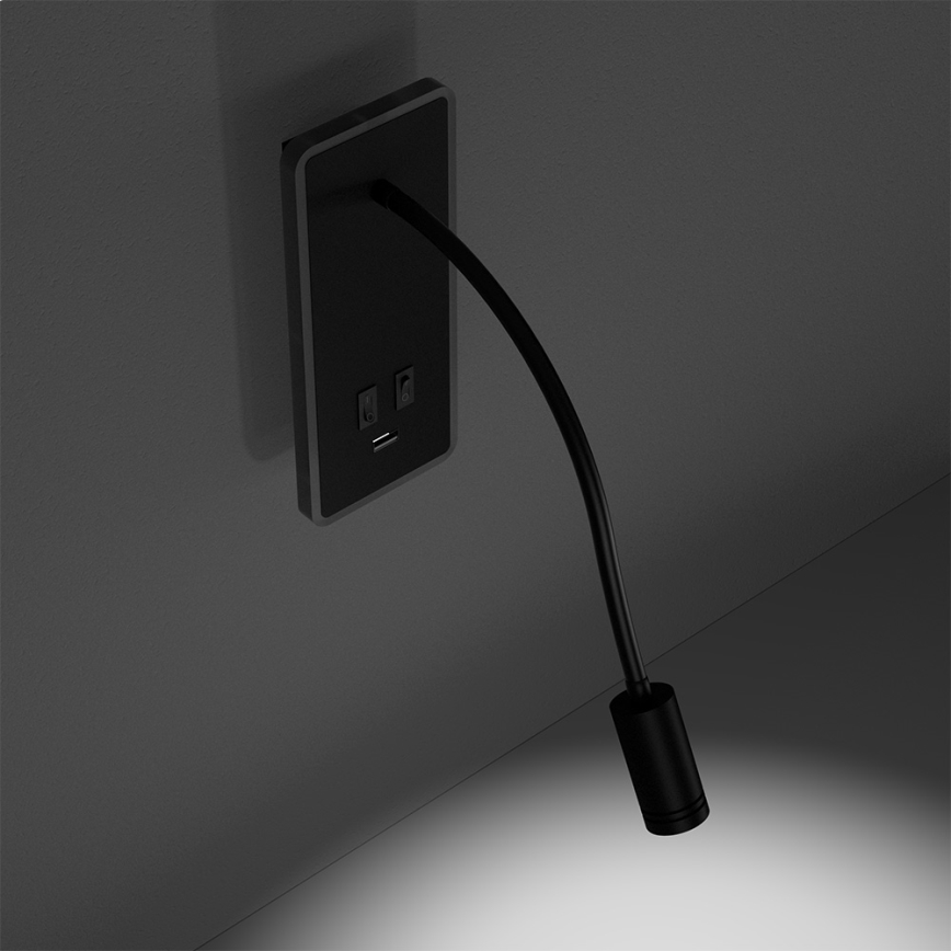 Aplique flexible LED con USB BASE 1xLED/8W+1xLED/2W/230V negro