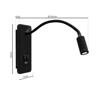 Aplique flexible LED con USB BASE 1xLED/8W+1xLED/2W/230V negro