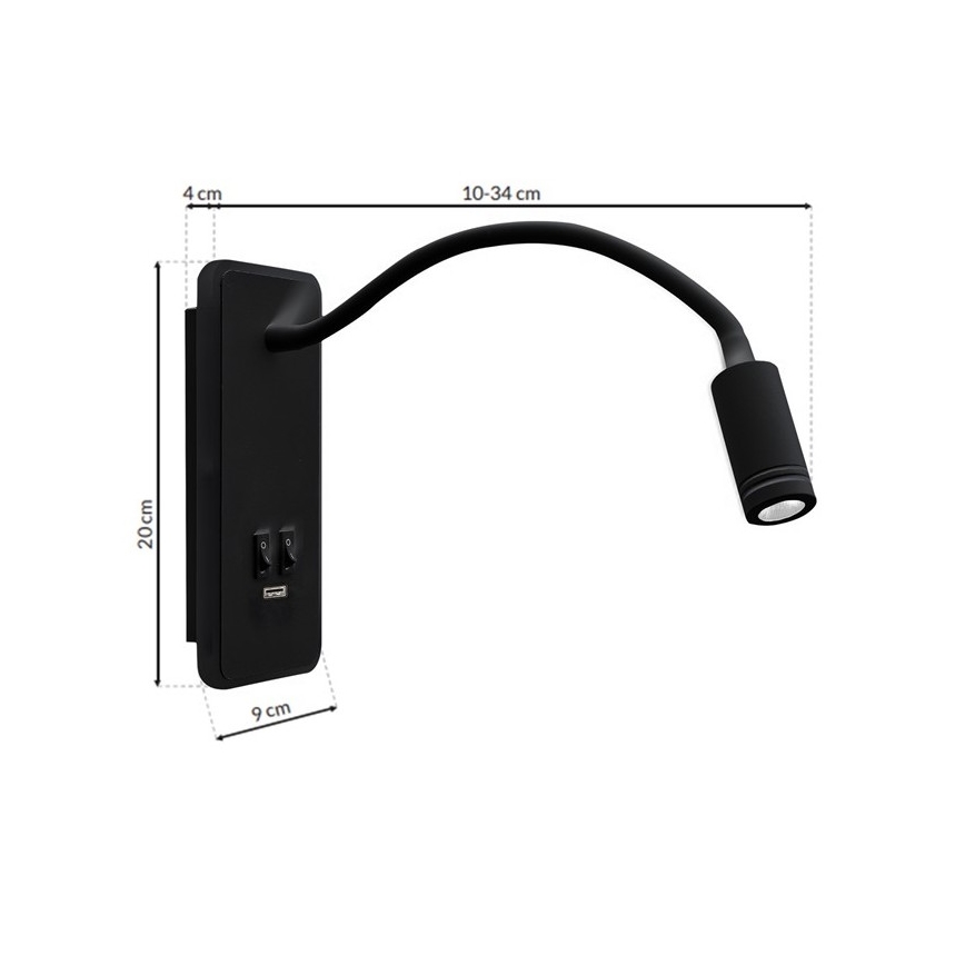 Aplique flexible LED con USB BASE 1xLED/8W+1xLED/2W/230V negro