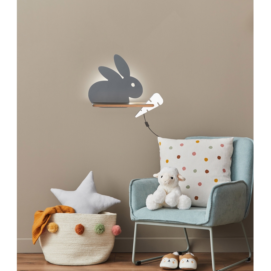 Aplique LED infantil con estante RABBIT LED/4W/230V gris/blanco/madera