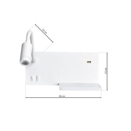 Aplique LED SHELF 1xLED/4W+1xLED/5W+1xLED/2W/230V + puerto USB blanco