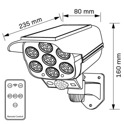 Cámara de seguridad falsa solar LED con sensor KAMERA LED/1W/3,7V 1200 mAh IP44 + mando a distancia
