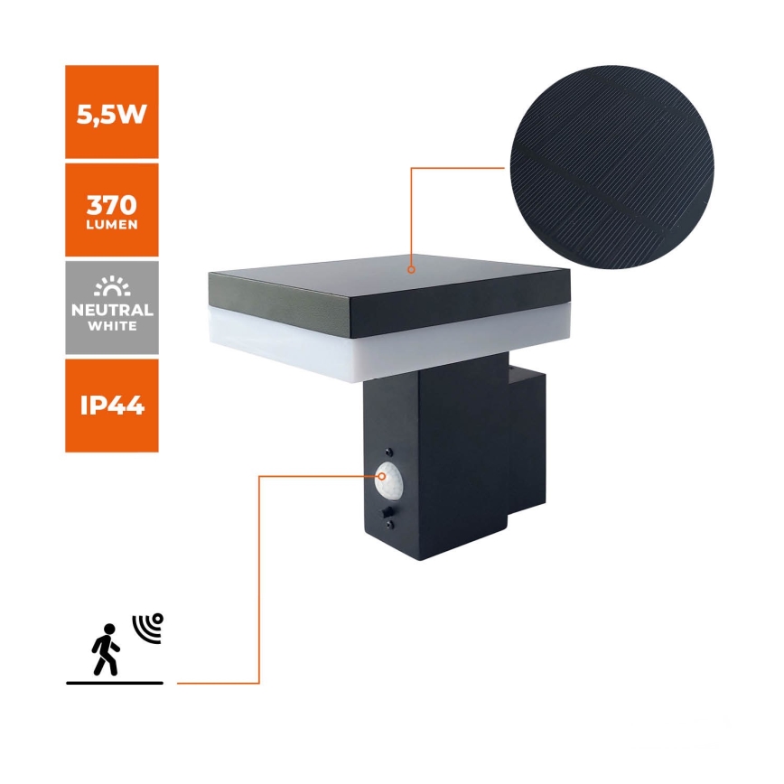 Aplique LED solar con sensor SOLARIS2 LED/5,5W/3,7V 4000K IP44 2600 mAh