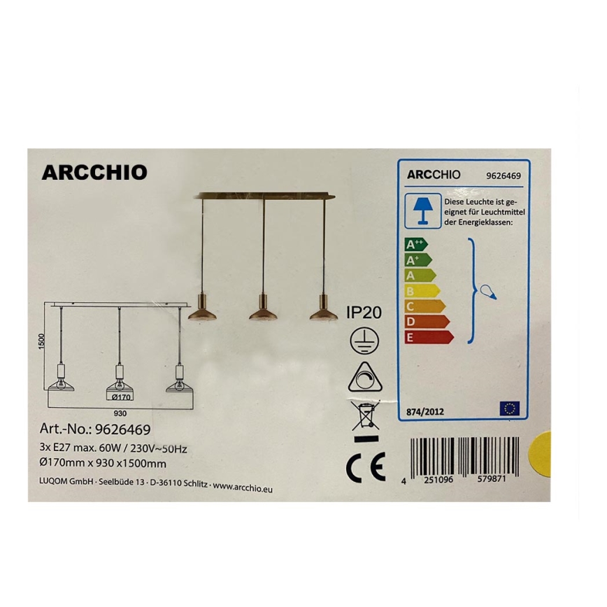 Arcchio - Lámpara colgante JAIKA 3xE27/60W/230V