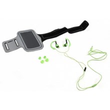 Auriculares deportivos con micrófono y funda para el brazo verde