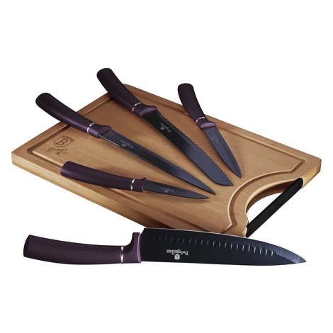 BerlingerHaus - Juego de cuchillos de acero inoxidable con tabla de cortar de bambú 6 pzas púrpura/negro