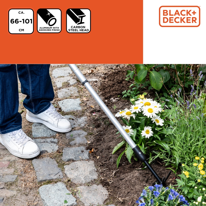 BLACK+DECKER - Azada de jardín con tres púas para remover la tierra 66-101 cm