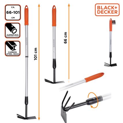 BLACK+DECKER - Azada de jardín con tres púas para remover la tierra 66-101 cm