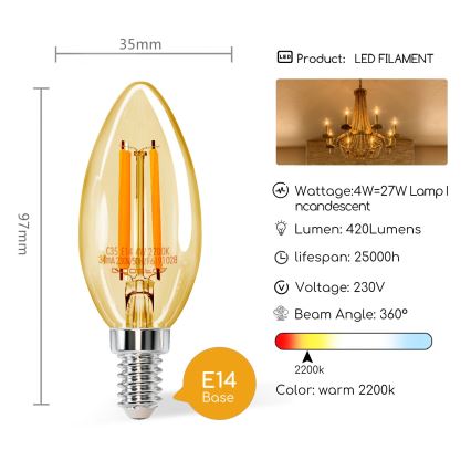 Bombilla LED C35 E14/4W/230V 2200K - Aigostar