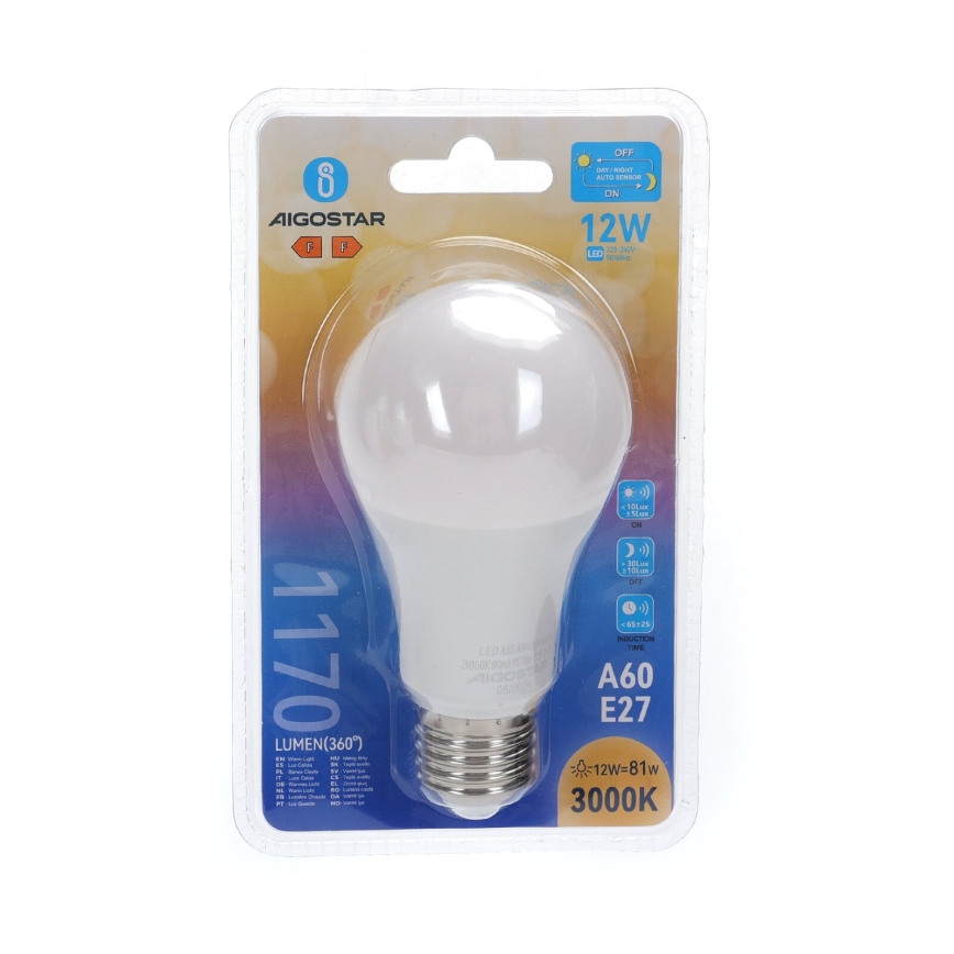 Bombilla LED con sensor crepuscular A60 E27/12W/230V 3000K - Aigostar
