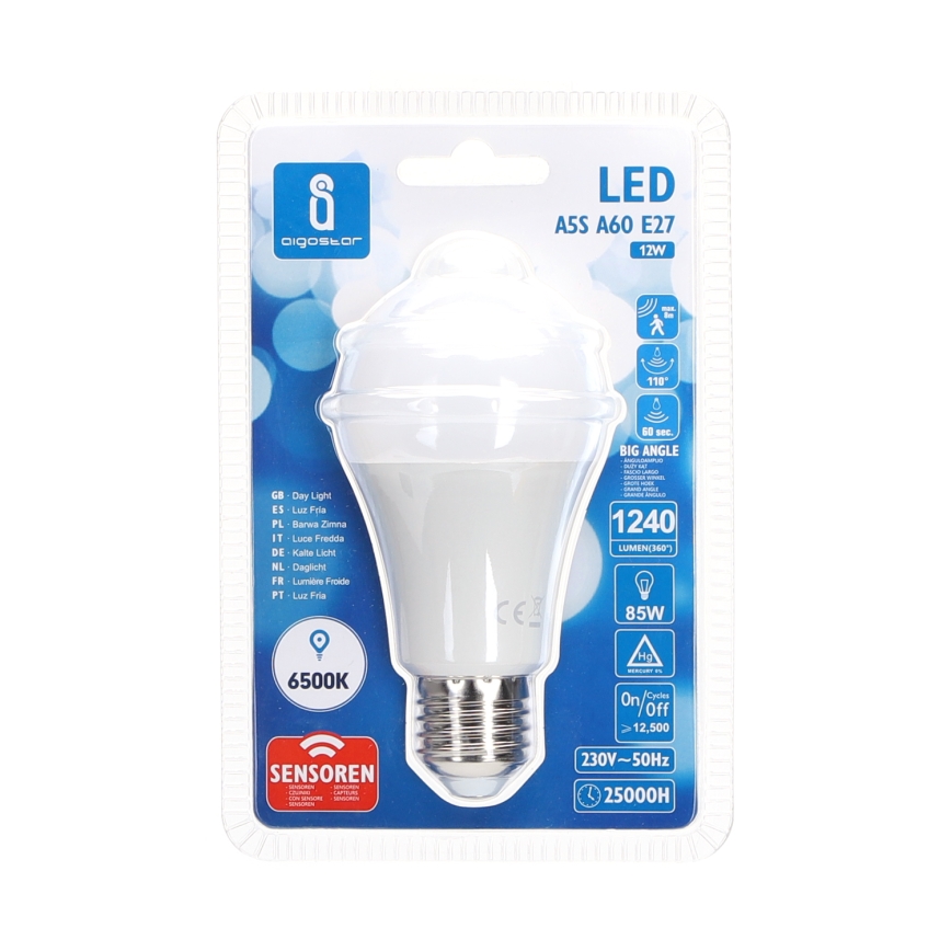 Bombilla LED con sensor de movimiento y crepuscular A60 E27/12W/230V 6500K - Aigostar