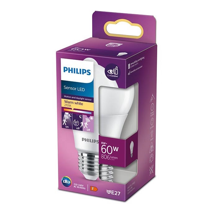 Bombilla LED con sensor Philips A60 E27/8W/230V 2700K