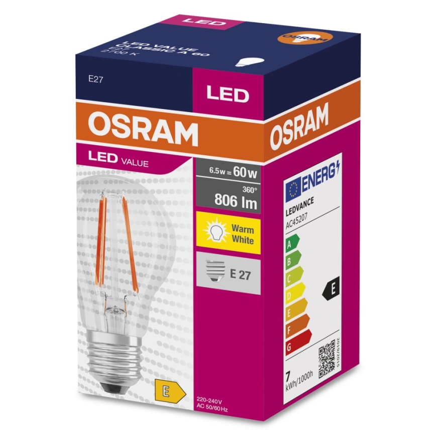Bombilla LED FILAMENT A60 E27/6,5W/230V 2700K - Osram