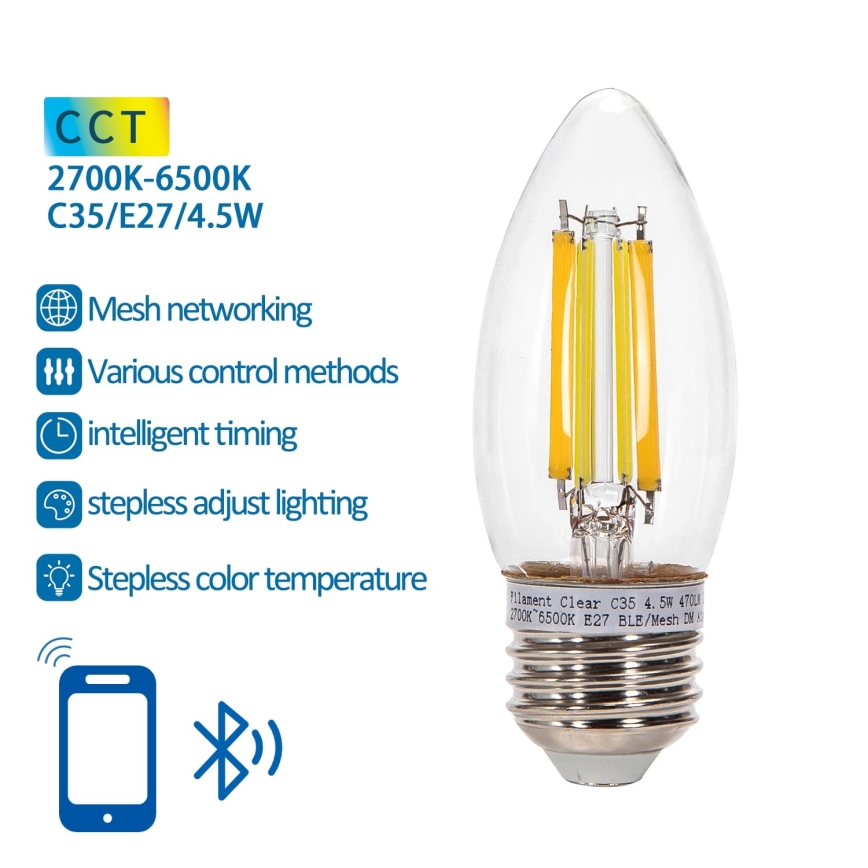 Bombilla LED regulable FILAMENT MESH Inteligente C35 E27/4,5W/230V 2700-6500K - Aigostar