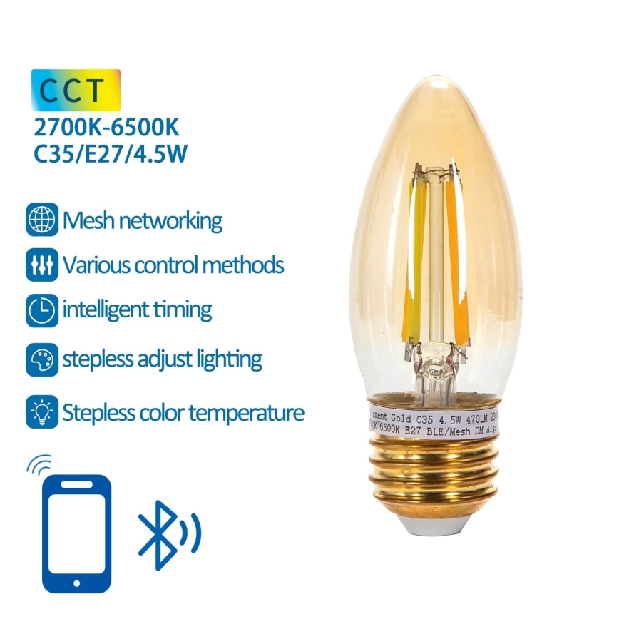 Bombilla LED regulable FILAMENT MESH Inteligente C35 E27/4,5W/230V 2700-6500K - Aigostar