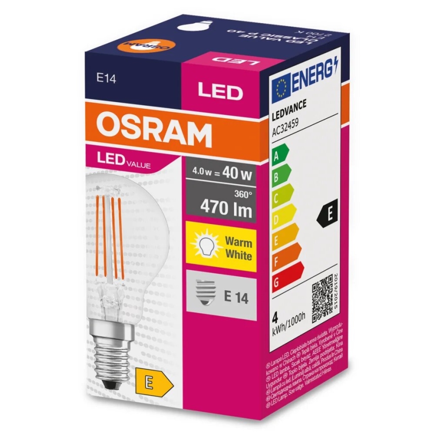 Bombilla LED FILAMENT P40 E14/4W/230V 2700K - Osram