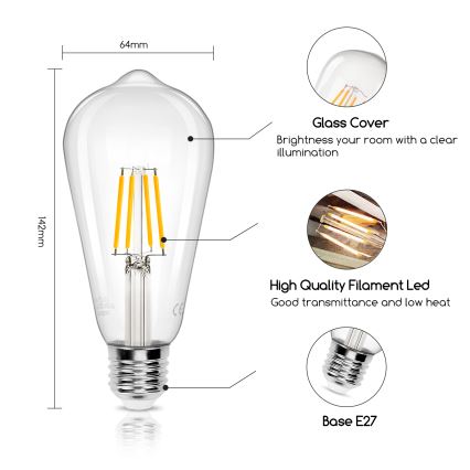 Bombilla LED FILAMENT ST64 E27/4W/230V 2700K - Aigostar