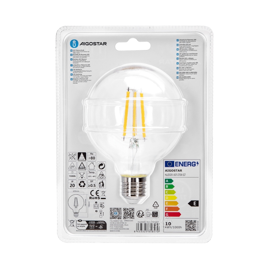 Bombilla LED G95 E27/10W/230V 2700K - Aigostar