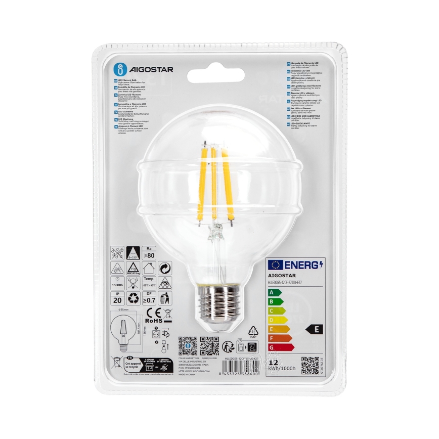 Bombilla LED G95 E27/12W/230V 2700K - Aigostar