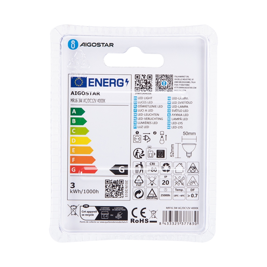 Bombilla LED MR16 GU5,3/3W/12V 4000K - Aigostar
