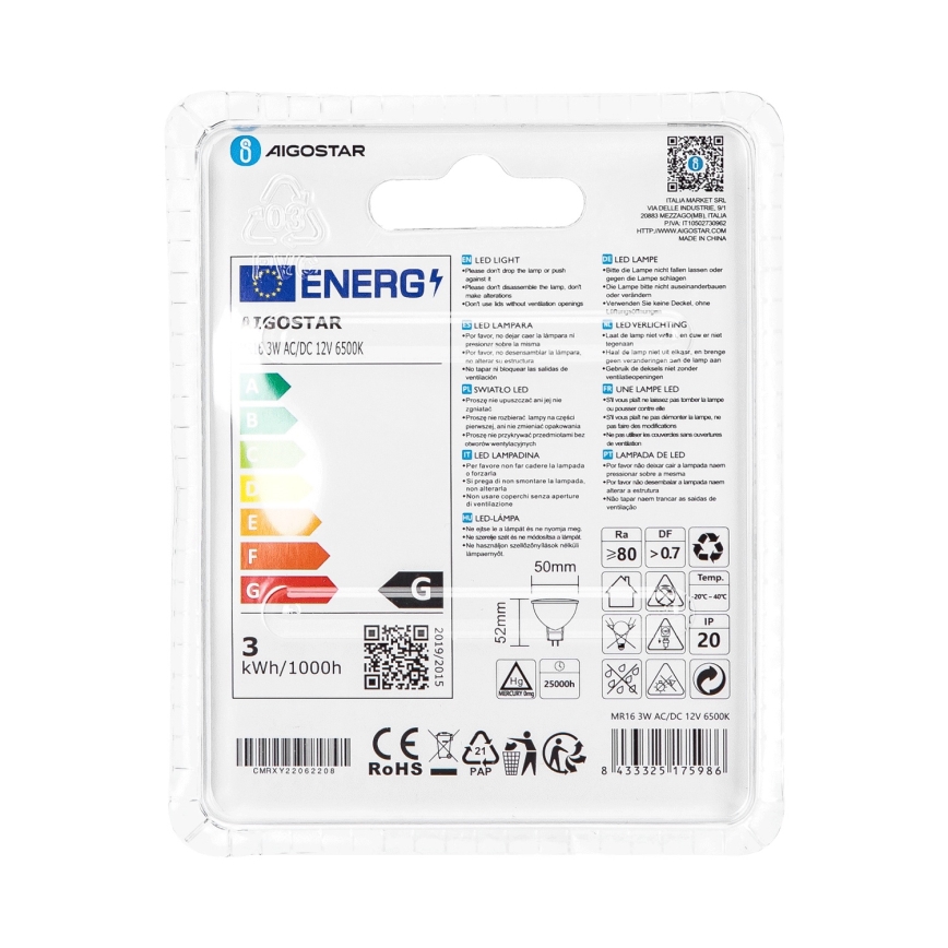 Bombilla LED MR16 GU5,3/3W/12V 6500K - Aigostar
