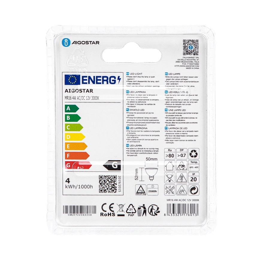 Bombilla LED MR16 GU5,3/4W/12V 3000K - Aigostar