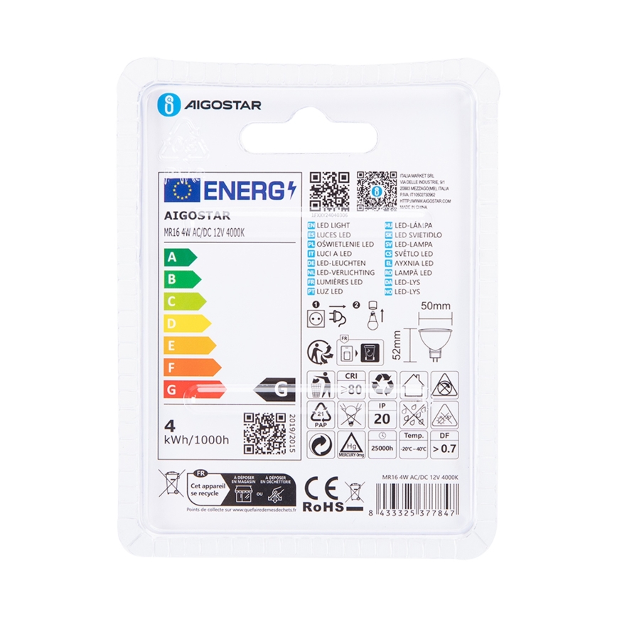 Bombilla LED MR16 GU5,3/4W/12V 4000K - Aigostar