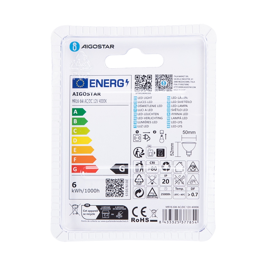 Bombilla LED MR16 GU5,3/6W/12V 4000K - Aigostar