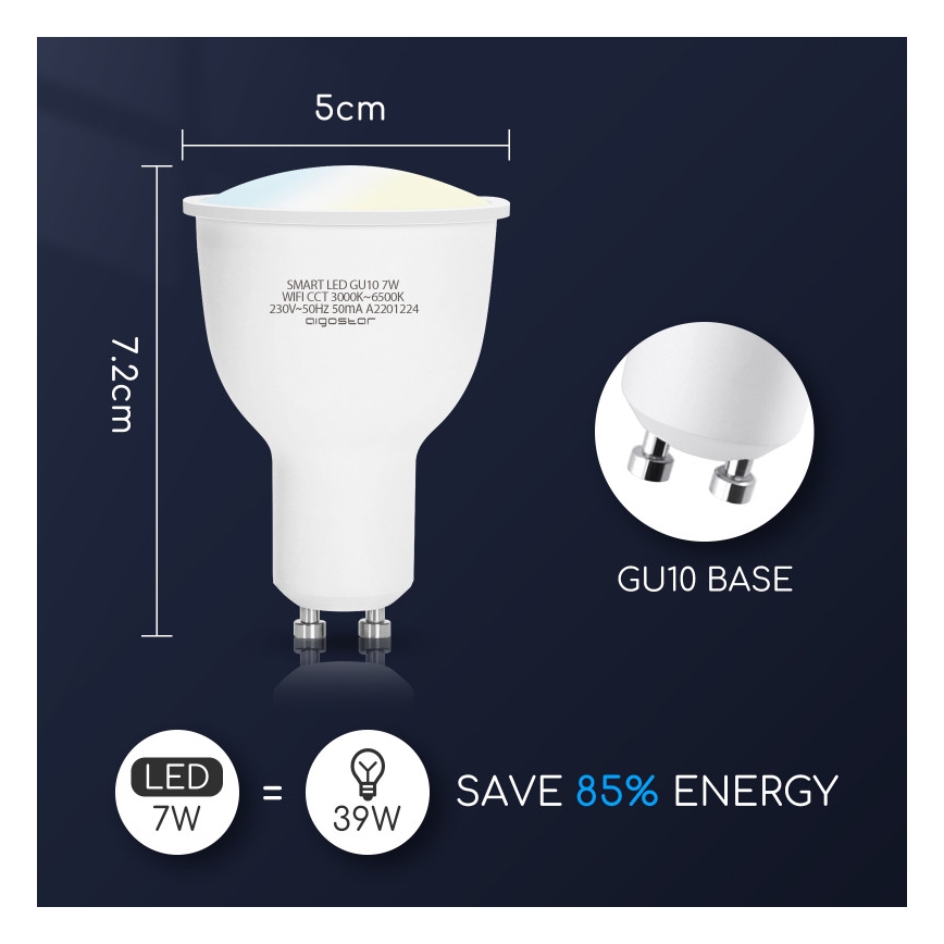 Bombilla LED regulable GU10/7W/230V 3000-6500K Wi-Fi - Aigostar