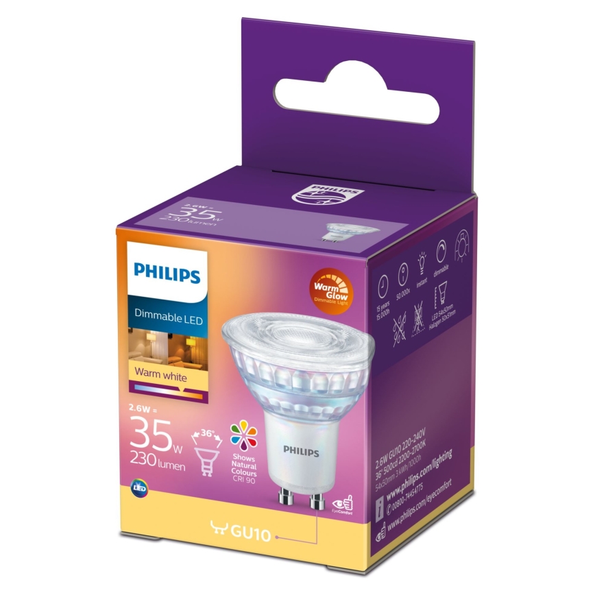 Bombilla LED regulable Philips Warm Glow GU10/2,6W/230V 2200-2700K CRI 90