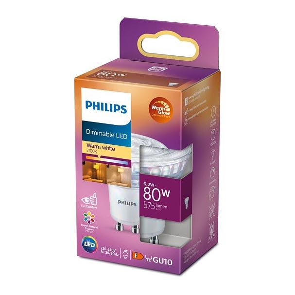 Bombilla LED regulable Philips Warm Glow GU10/6,2W/230V 2200-2700K CRI 90