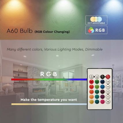 Bombilla LED RGB regulable A60 E27/8,5W/230V 4000K + control remoto