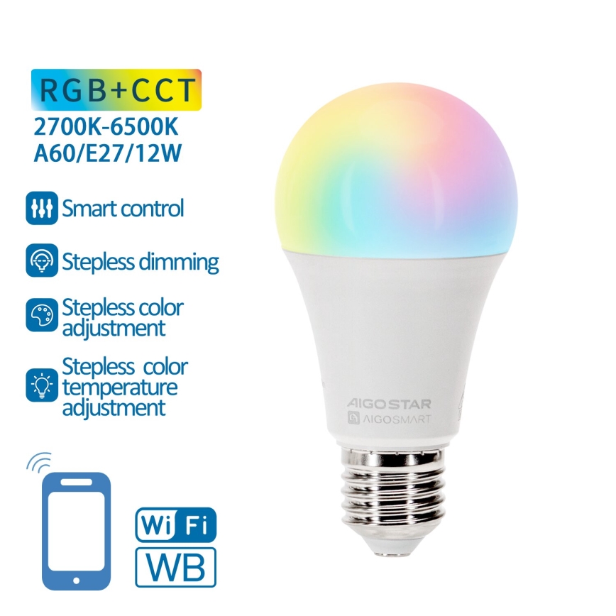 Bombilla LED RGBW regulable A60 E27/12W/230V 2700-6500K Wi-Fi - Aigostar