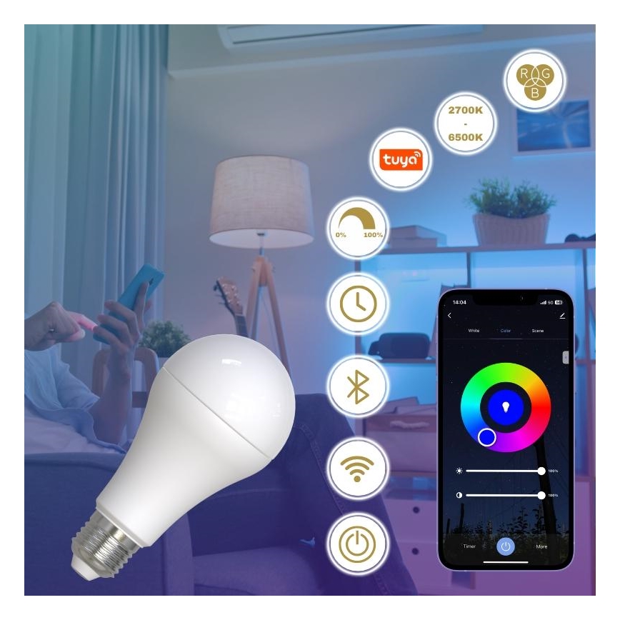 Bombilla LED RGBW regulable A60 E27/15W/230V 2700-6500K Wi-Fi Tuya