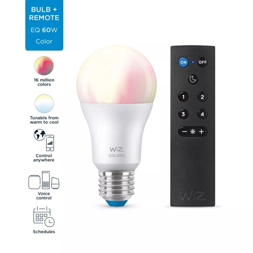 Bombilla LED RGBW regulable A60 E27/8,5W/230V 2200-6500K  CRI 90 Wi-Fi + control remoto - WiZ