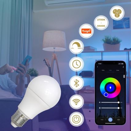Bombilla LED RGBW regulable A60 E27/9W/230V 2700-6500K Wi-Fi Tuya