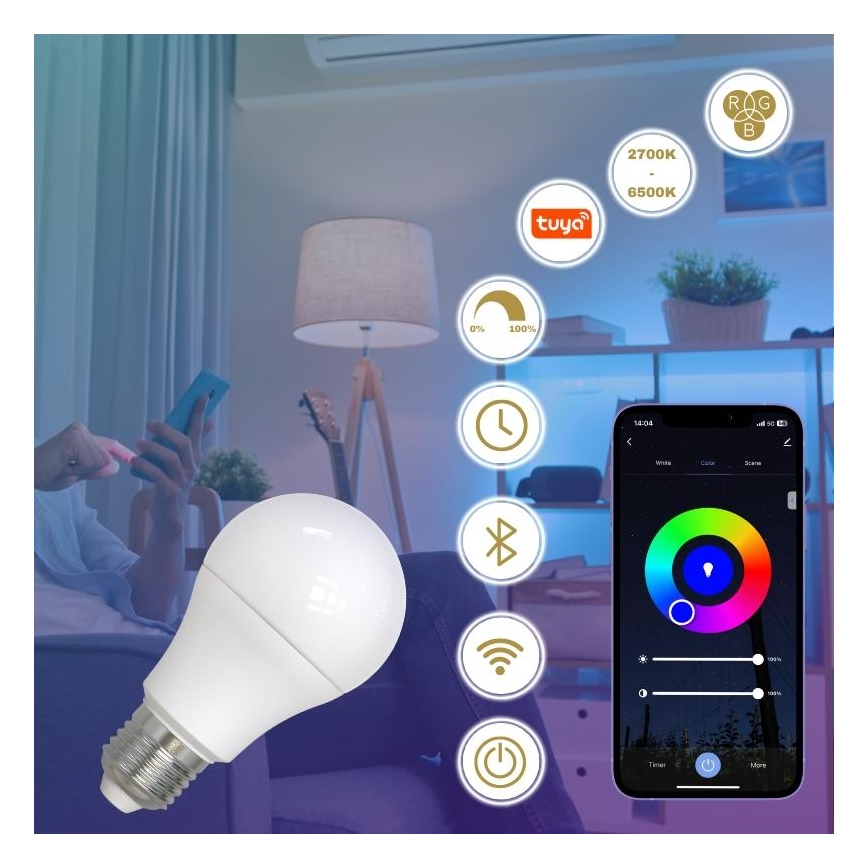 Bombilla LED RGBW regulable A60 E27/9W/230V 2700-6500K Wi-Fi Tuya