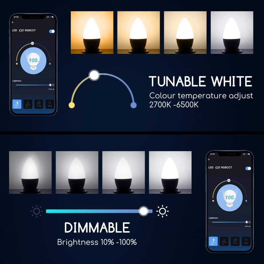 Bombilla LED RGBW regulable C37 E27/5W/230V 3000-6500K Wi-Fi - Aigostar