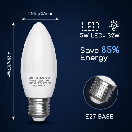 Bombilla LED RGBW regulable C37 E27/5W/230V 3000-6500K Wi-Fi - Aigostar