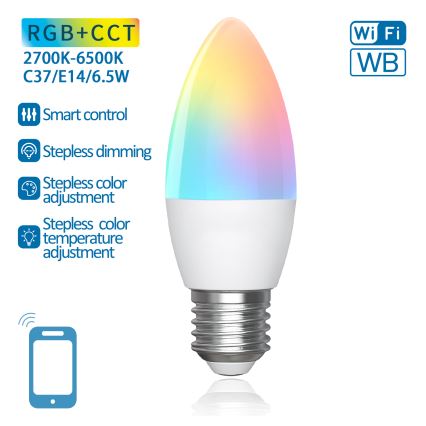 Bombilla LED RGBW regulable C37 E27/6,5W/230V 2700-6500K Wi-Fi - Aigostar