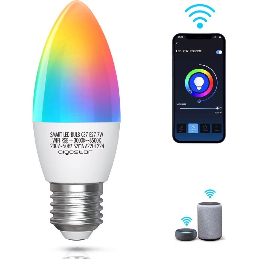 Bombilla LED RGBW regulable C37 E27/7W/230V 3000-6500K Wi-Fi - Aigostar
