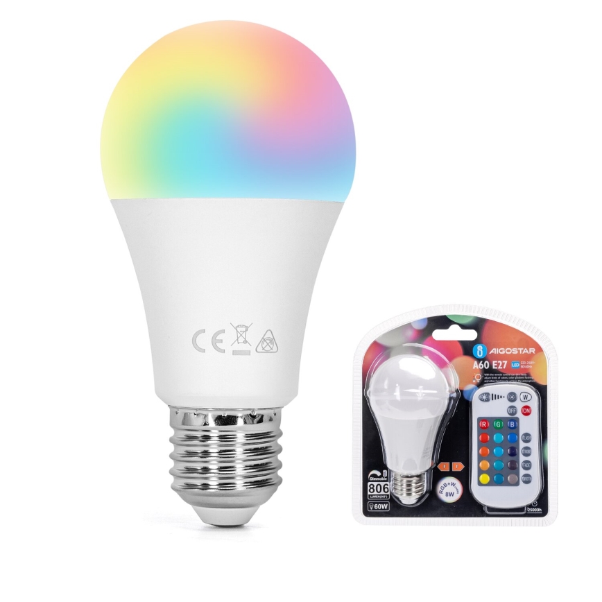 Bombilla LED RGBW regulable E27/8W/230V 3000K + control remoto - Aigostar